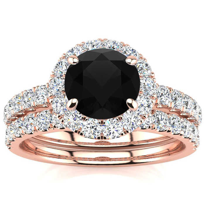 2 Carat Round Black Moissanite Halo Bridal Ring Set in 14K Rose Gold (5.80 g), Size 4 by SuperJeweler