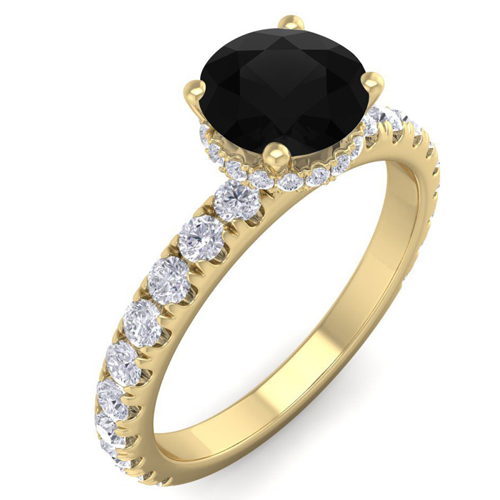 1.5 Carat Round Shape Hidden Halo Black Moissanite Engagement Ring in 14K Yellow Gold (3 g), Size 4 by SuperJeweler