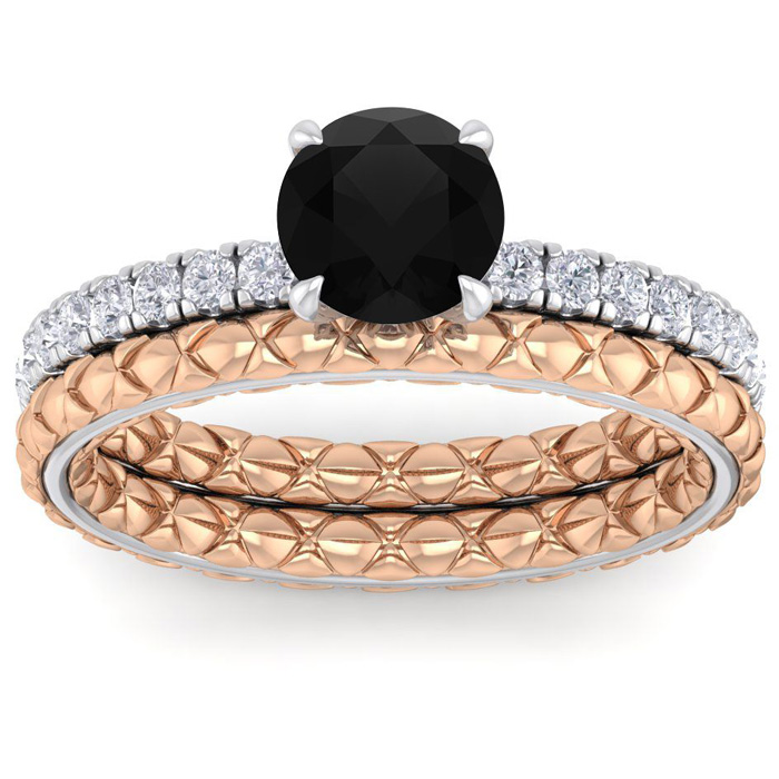 1.5 Carat Round Shape Black Moissanite Bridal Ring Set In Quilted 14K White & Rose Gold (5.80 G), E/F, Size 4 By SuperJeweler