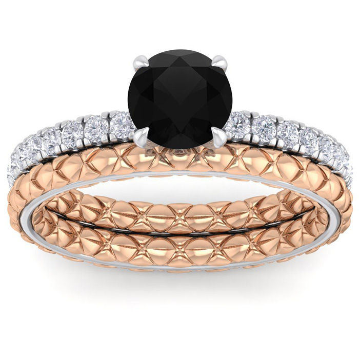 1.5 Carat Round Shape Black Moissanite Bridal Ring Set in Quilted 14K White & Rose Gold (5.80 g), E/F Color, Size 4 by SuperJeweler