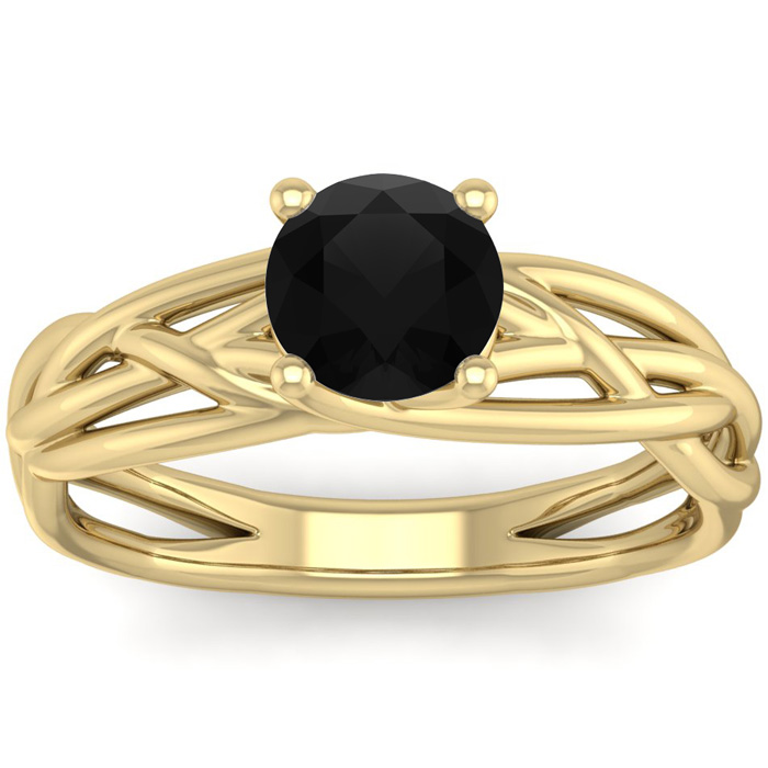 1 Carat Round Black Moissanite Solitaire Intricate Vine Engagement Ring in 14K Yellow Gold (5 g), Size 4 by SuperJeweler