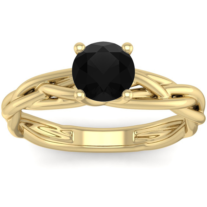 1 Carat Round Black Moissanite Solitaire Intricate Vine Engagement Ring w/ Tapered Band in 14K Yellow Gold (4 g), Size 4 by SuperJeweler