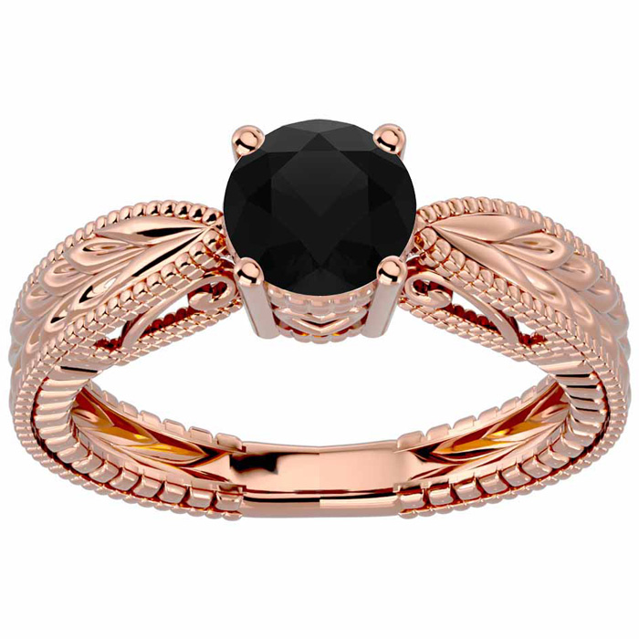 1 Carat Black Moissanite Solitaire Engagement Ring W/ Tapered Etched Band In 14K Rose Gold (4.50 G) By SuperJeweler