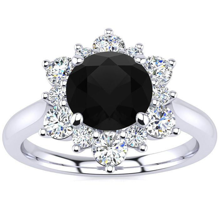 3/4 Carat Round Shape Flower Halo Black Moissanite Engagement Ring in 14K White Gold (3.60 g), E/F Color, Size 4 by SuperJeweler