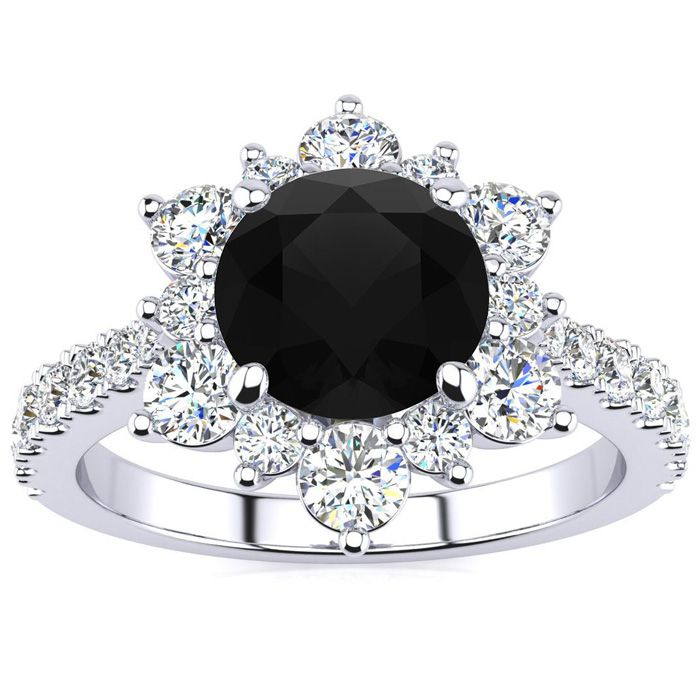 1 Carat Round Shape Flower Halo Black Moissanite Engagement Ring in 14K White Gold (3.60 g), E/F Color, Size 4 by SuperJeweler