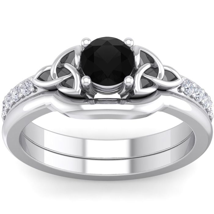 1/2 Carat Round Black Moissanite Claddagh Bridal Ring Set in 14K White Gold (6 g), Size 4 by SuperJeweler