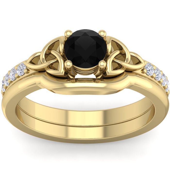 1/2 Carat Round Black Moissanite Claddagh Bridal Ring Set in 14K Yellow Gold (6 g), Size 4 by SuperJeweler