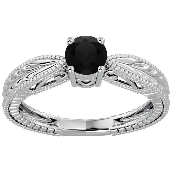 1/2 Carat Black Moissanite Solitaire Engagement Ring w/ Tapered Etched Band in 14K White Gold (3.80 g), Size 4 by SuperJeweler