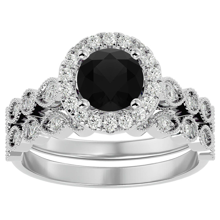 1.5 Carat Halo Black Moissanite Bridal Ring Set In 14K White Gold (4.20 G), Size 4 By SuperJeweler