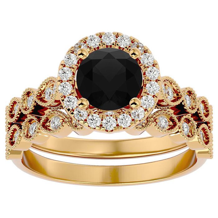 1.5 Carat Halo Black Moissanite Bridal Ring Set in 14K Yellow Gold (4.20 g), Size 4 by SuperJeweler