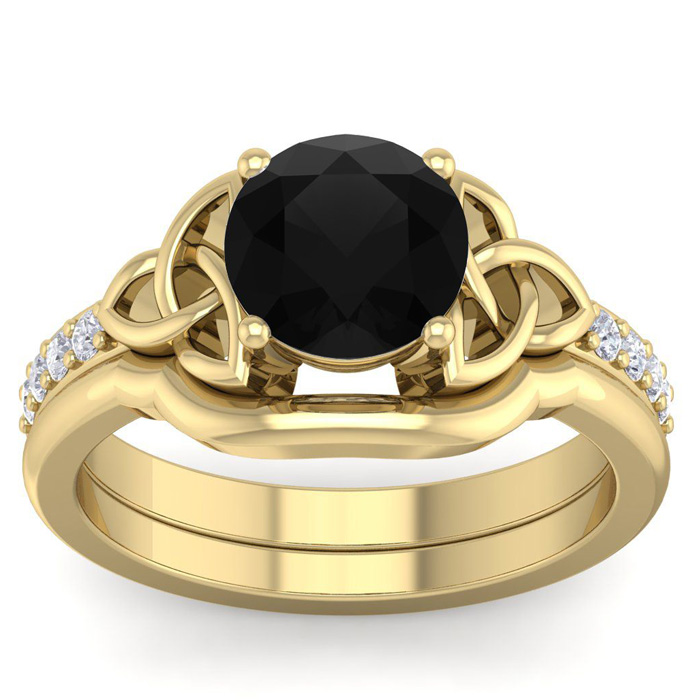 2 Carat Round Black Moissanite Claddagh Bridal Ring Set In 14K Yellow Gold (6.50 G), Size 4 By SuperJeweler
