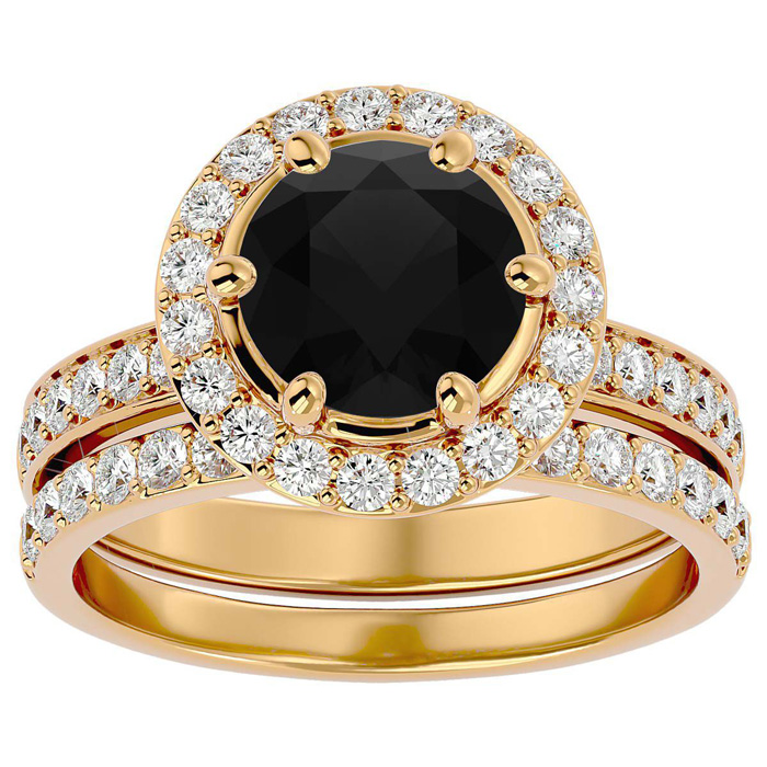 3 Carat Black Moissanite Halo Bridal Engagement Ring Set In 14K Yellow Gold (7.1 G), Size 4 By SuperJeweler