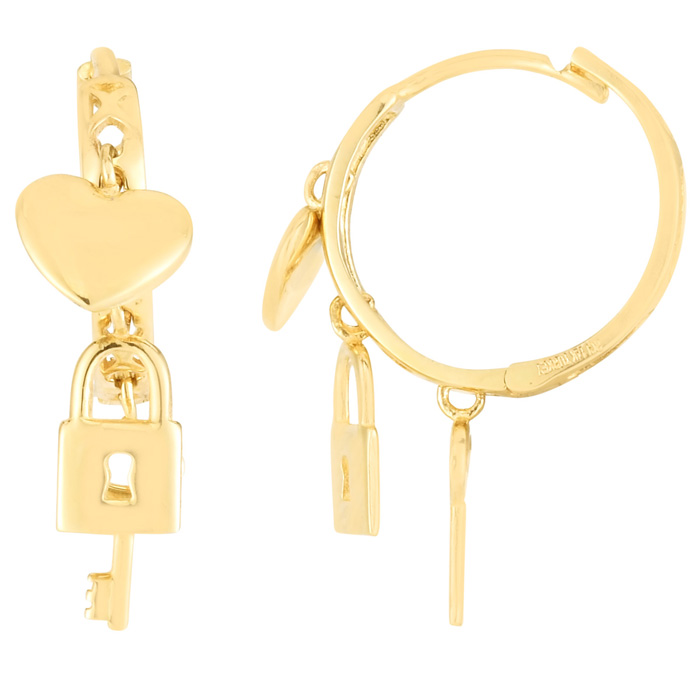 14K Yellow Gold (2.4 g) Love Lock & Key Dangle Hoop Earrings, 1/2 Inch by SuperJeweler