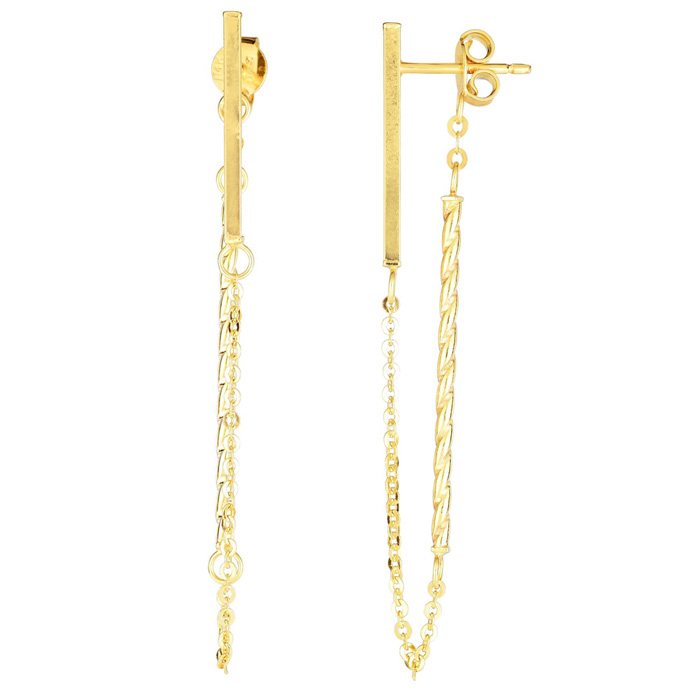 14 Karat Yellow Gold Front to Back Chain and Bar Drop Earrings, 1 1/2 Inches
