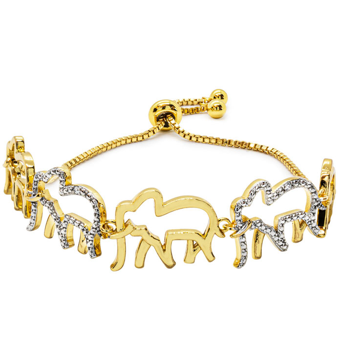 Diamond Accent Elephant Adjustable Bolo Bracelet in Yellow Gold Overlay, 7-10 Inches,  by SuperJeweler