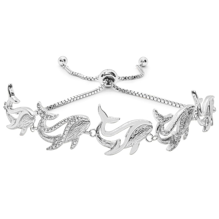 Diamond Accent Whale Adjustable Bolo Bracelet in Platinum Overlay, 7-10 Inches,  by SuperJeweler