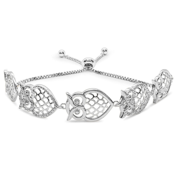 Diamond Accent Owl Adjustable Bolo Bracelet in Platinum Overlay, 7-10 Inches,  by SuperJeweler