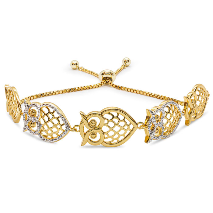 Diamond Accent Owl Adjustable Bolo Bracelet in Yellow Gold Overlay, 7-10 Inches,  by SuperJeweler