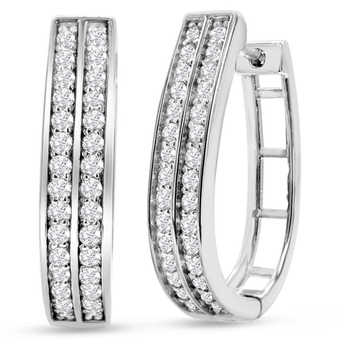 1 Carat Diamond Two Row Hoop Earrings in Sterling Silver, 3/4 Inch (, I1-I2) by SuperJeweler