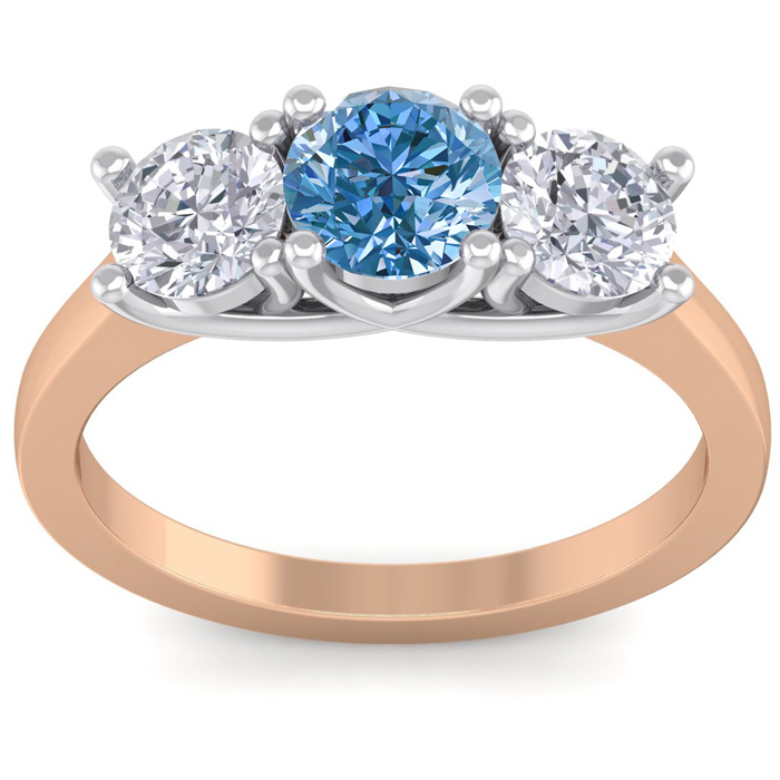 2 Carat Blue Diamond Three 3 Diamond Ring in 14K Rose Gold (4 g) 