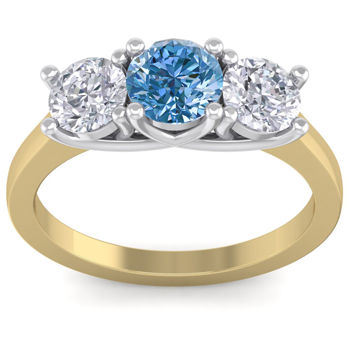 2 Carat Blue Diamond Three 3 Diamond Ring in 14K Yellow Gold (4 g