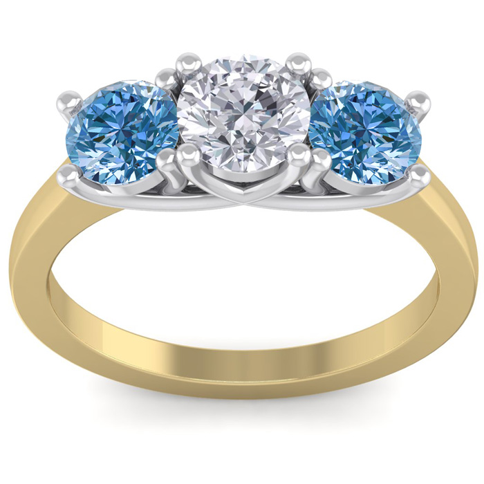 2 Carat White & Blue Diamond Three 3 Diamond Ring in 14K Yellow G