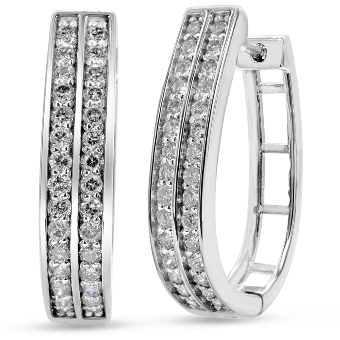 1 Carat Diamond Two Row Hoop Earrings in Platinum Overlay, 3/4 Inch (, ) by SuperJeweler