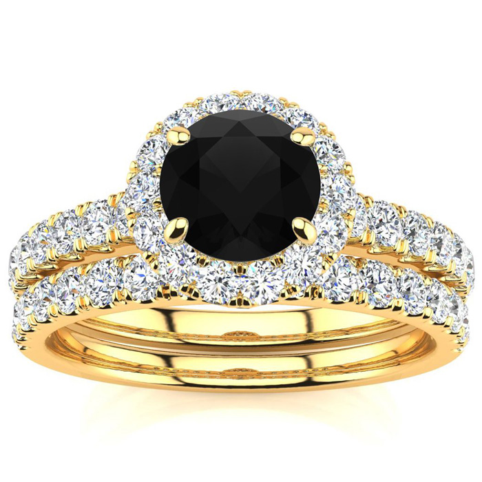 1.5 Carat Round Black Diamond Halo Bridal Ring Set In 14K Yellow Gold (5.50 G), Size 4 By SuperJeweler