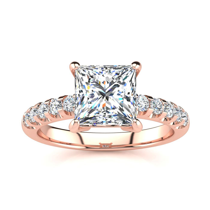 2.5 Carat Traditional Diamond Engagement Ring w/ 2.15 Carat Center Princess Cut Solitaire in 14K Rose Gold (4.5 g) (  I1-I2 Clarity Enhanced)  Size 5.5 by SuperJeweler