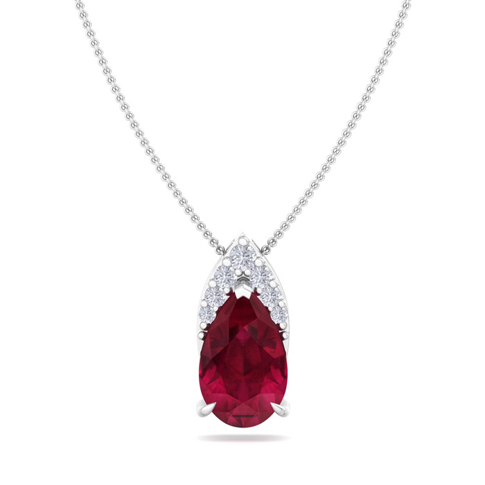 7/8 Carat Pear Shape Ruby & Diamond Necklace In 14K White Gold (0.7 G), 18 Inches (, I1-I2 Clarity Enhanced) By SuperJeweler