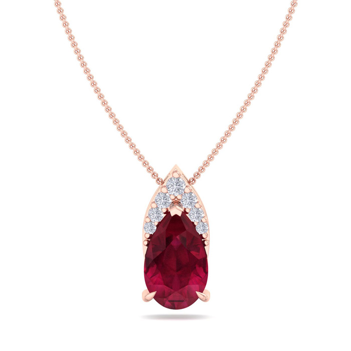 7/8 Carat Pear Shape Ruby & Diamond Necklace In 14K Rose Gold (0.7 G), 18 Inches (, I1-I2 Clarity Enhanced) By SuperJeweler