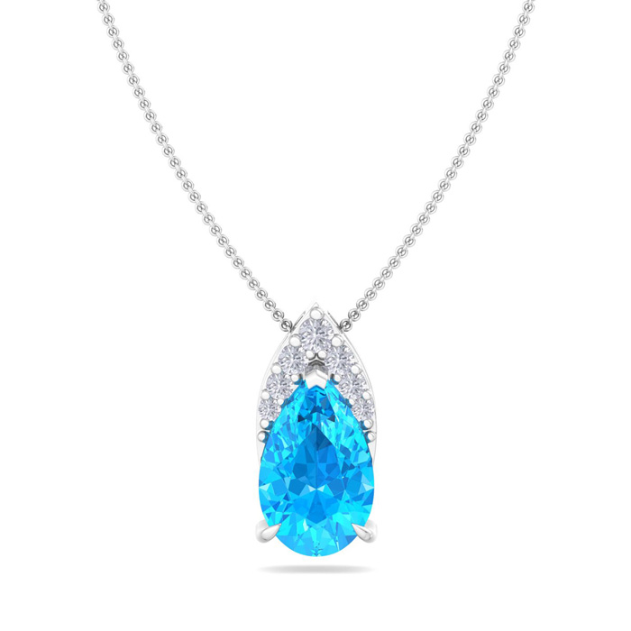 7/8 Carat Pear Shape Blue Topaz & Diamond Necklace In 14K White Gold (0.7 G), 18 Inches (I-J, I1-I2 Clarity Enhanced) By SuperJeweler