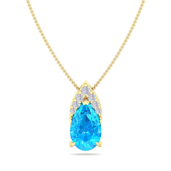 7/8 Carat Pear Shape Blue Topaz & Diamond Necklace In 14K Yellow Gold (0.7 G), 18 Inches (, I1-I2 Clarity Enhanced) By SuperJeweler