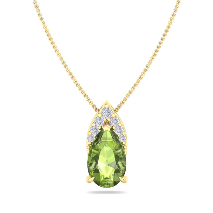 7/8 Carat Pear Shape Peridot & Diamond Necklace In 14K Yellow Gold (0.7 G), 18 Inches (, I1-I2 Clarity Enhanced) By SuperJeweler