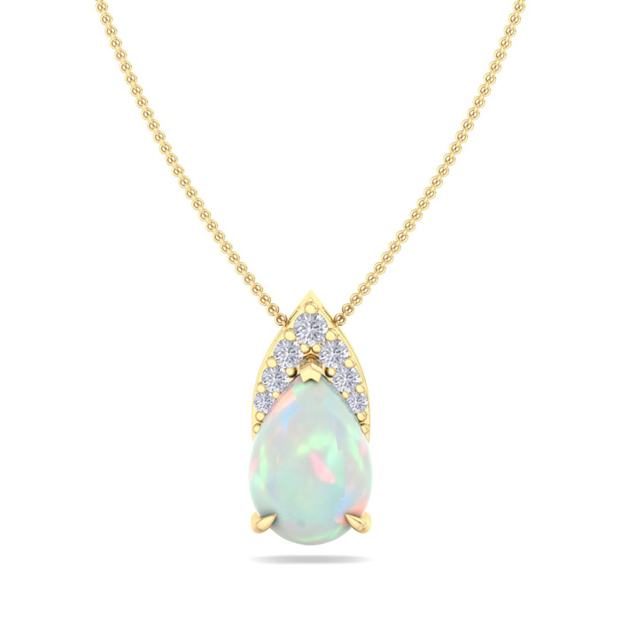 7/8 Carat Pear Shape Opal & Diamond Necklace In 14K Yellow Gold (0.7 G), 18 Inches (, I1-I2) By SuperJeweler