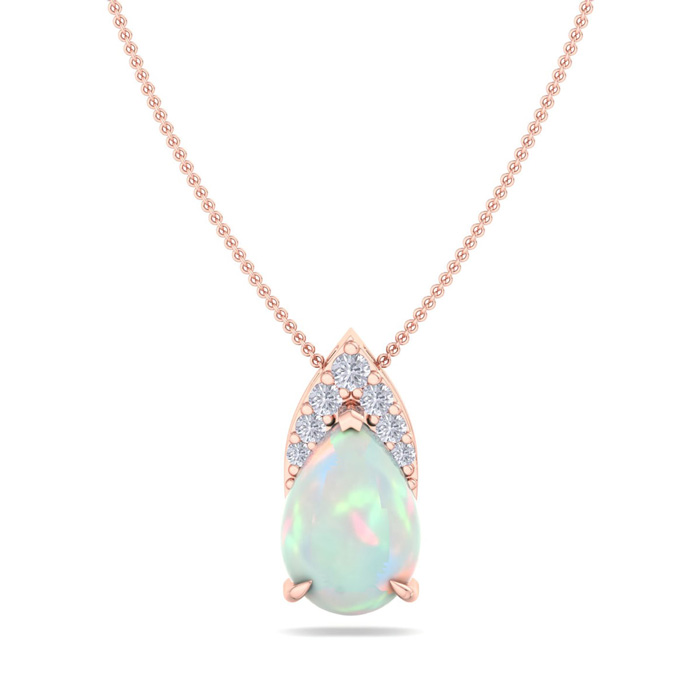 7/8 Carat Pear Shape Opal & Diamond Necklace In 14K Rose Gold (0.7 G), 18 Inches (, I1-I2) By SuperJeweler
