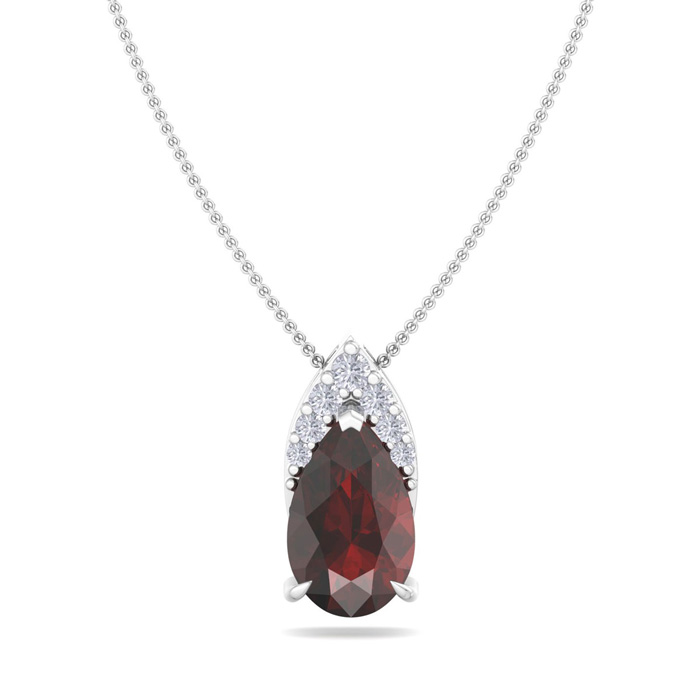 7/8 Carat Pear Shape Garnet & Diamond Necklace In 14K White Gold (0.7 G), 18 Inches (, I1-I2 Clarity Enhanced) By SuperJeweler