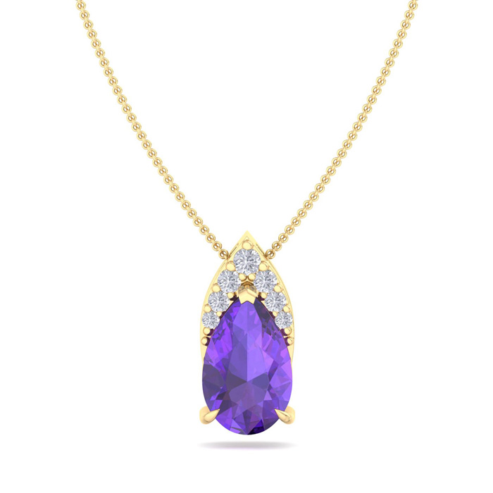 7/8 Carat Pear Shape Amethyst & Diamond Necklace In 14K Yellow Gold (0.7 G), 18 Inches (, I1-I2 Clarity Enhanced) By SuperJeweler
