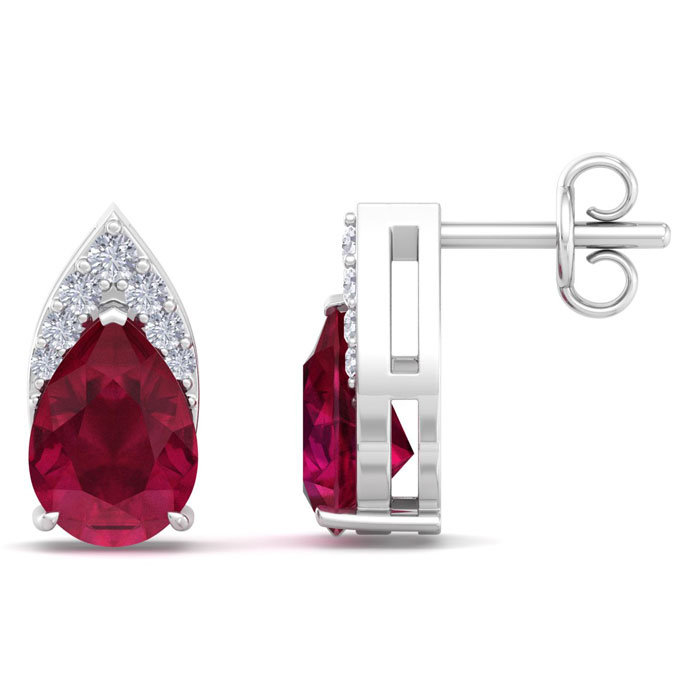 1 3/4 Carat Pear Shape Ruby & Diamond Earrings In 14K White Gold (1.4 G) (, I1-I2 Clarity Enhanced) By SuperJeweler