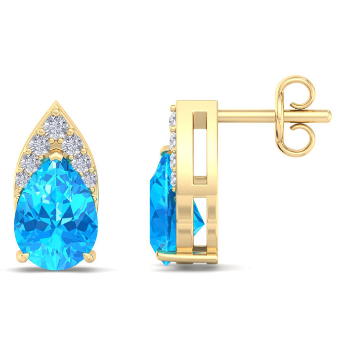 1 3/4 Carat Pear Shape Blue Topaz & Diamond Earrings In 14K Yellow Gold (1.4 G) (, I1-I2 Clarity Enhanced) By SuperJeweler