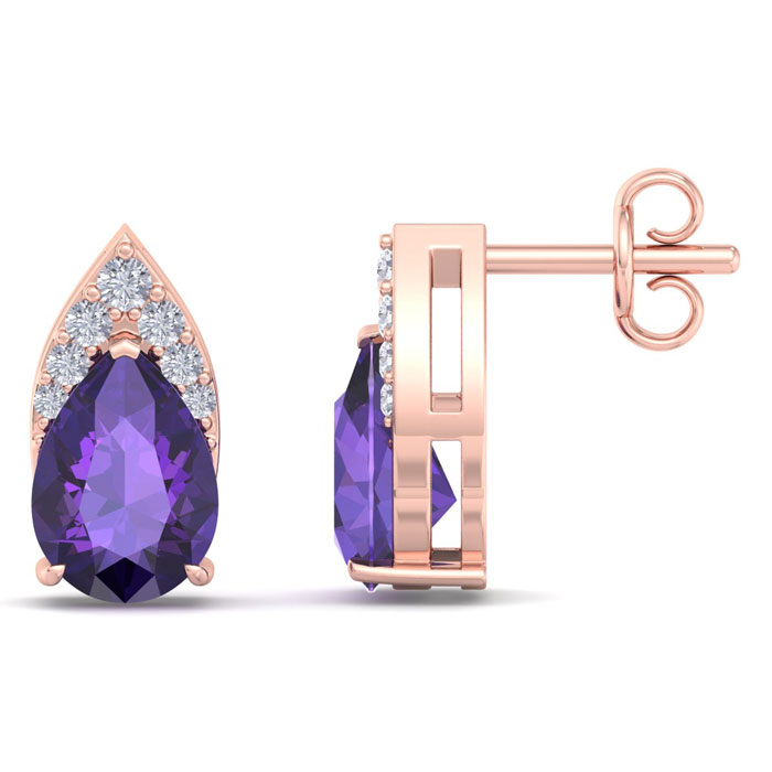 1 3/4 Carat Pear Shape Amethyst & Diamond Earrings In 14K Rose Gold (1.4 G) (I-J, I1-I2 Clarity Enhanced) By SuperJeweler