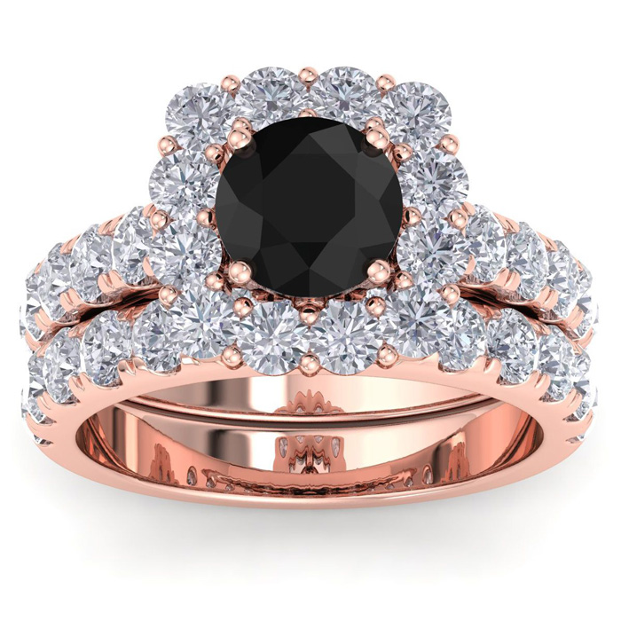 3 1/2 Carat Black Diamond Halo Bridal Ring Set In 14K Rose Gold (8.8 G), Size 4 By SuperJeweler