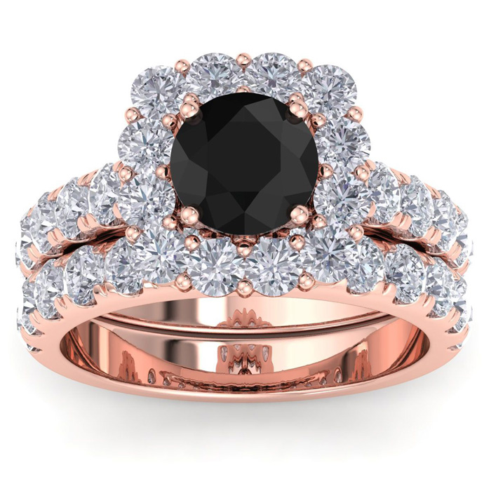 3 1/2 Carat Black Diamond Halo Bridal Ring Set in 14K Rose Gold (