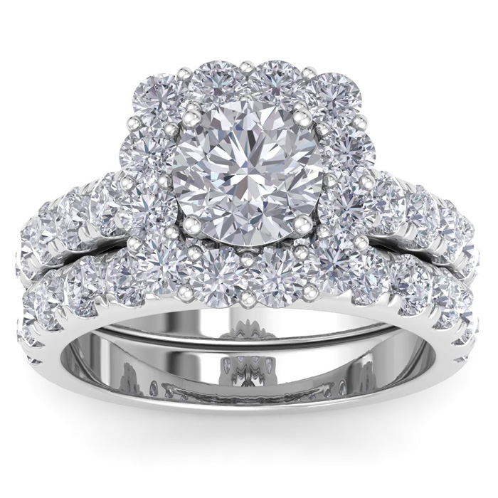 3 1/2 Carat Halo Moissanite Bridal Ring Set In 14K White Gold (8.8 G), E/F Color, Size 4 By SuperJeweler