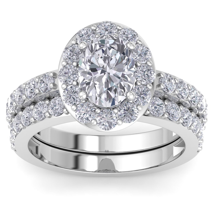 3 1/4 Carat Oval Shape Halo Diamond Bridal Ring Set in 14K White 