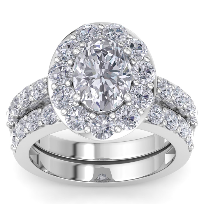 4 1/4 Carat Oval Shape Halo Diamond Bridal Ring Set in 14K White 