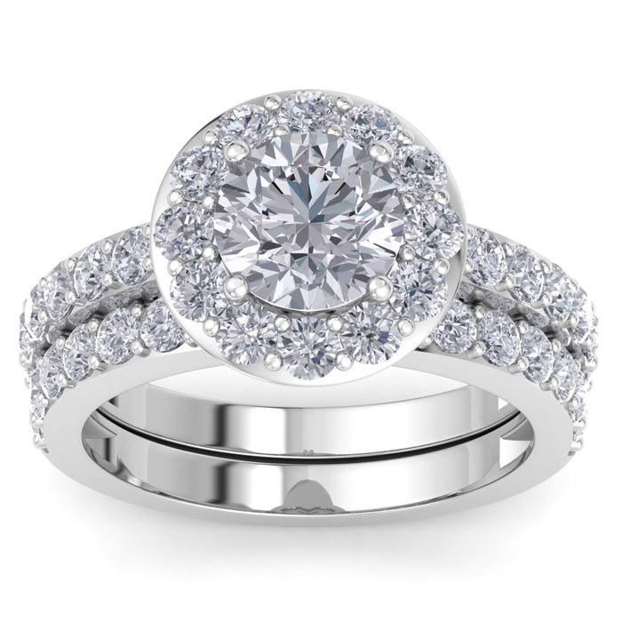 3 1/4 Carat Round Shape Halo Diamond Bridal Ring Set in 14K White