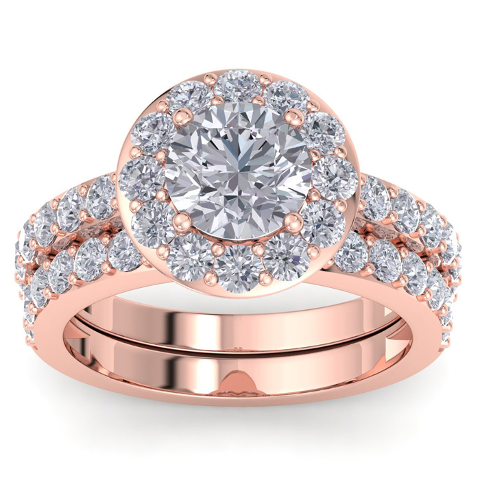 3 1/4 Carat Round Shape Halo Diamond Bridal Ring Set in 14K Rose 