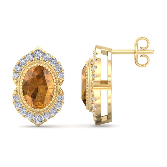 2 Carat Oval Shape Citrine & Diamond Earrings In 14K Yellow Gold (2.5 G), I/J By SuperJeweler