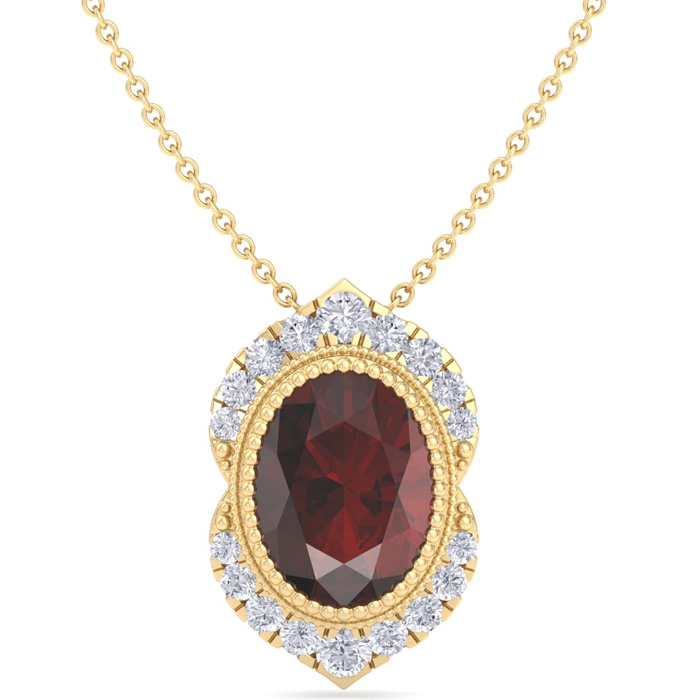 1 3/4 Carat Oval Shape Garnet & Diamond Necklace in 14K Yellow Gold (3.5 g), , 18 Inch Chain by SuperJeweler